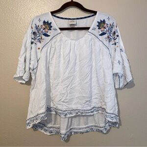 Knox Rose XXL White and Blue Floral Embroidered Short Sleeve Blouse Shirt Women